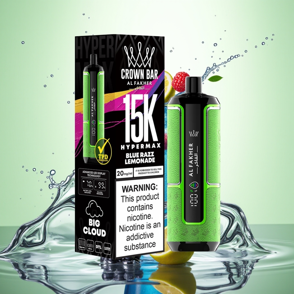 Al Fakher Crown Bar 15K Hypermax 22ml 600mAh DTL 6mg Mavi Ahududu Limonata Disposable Vape