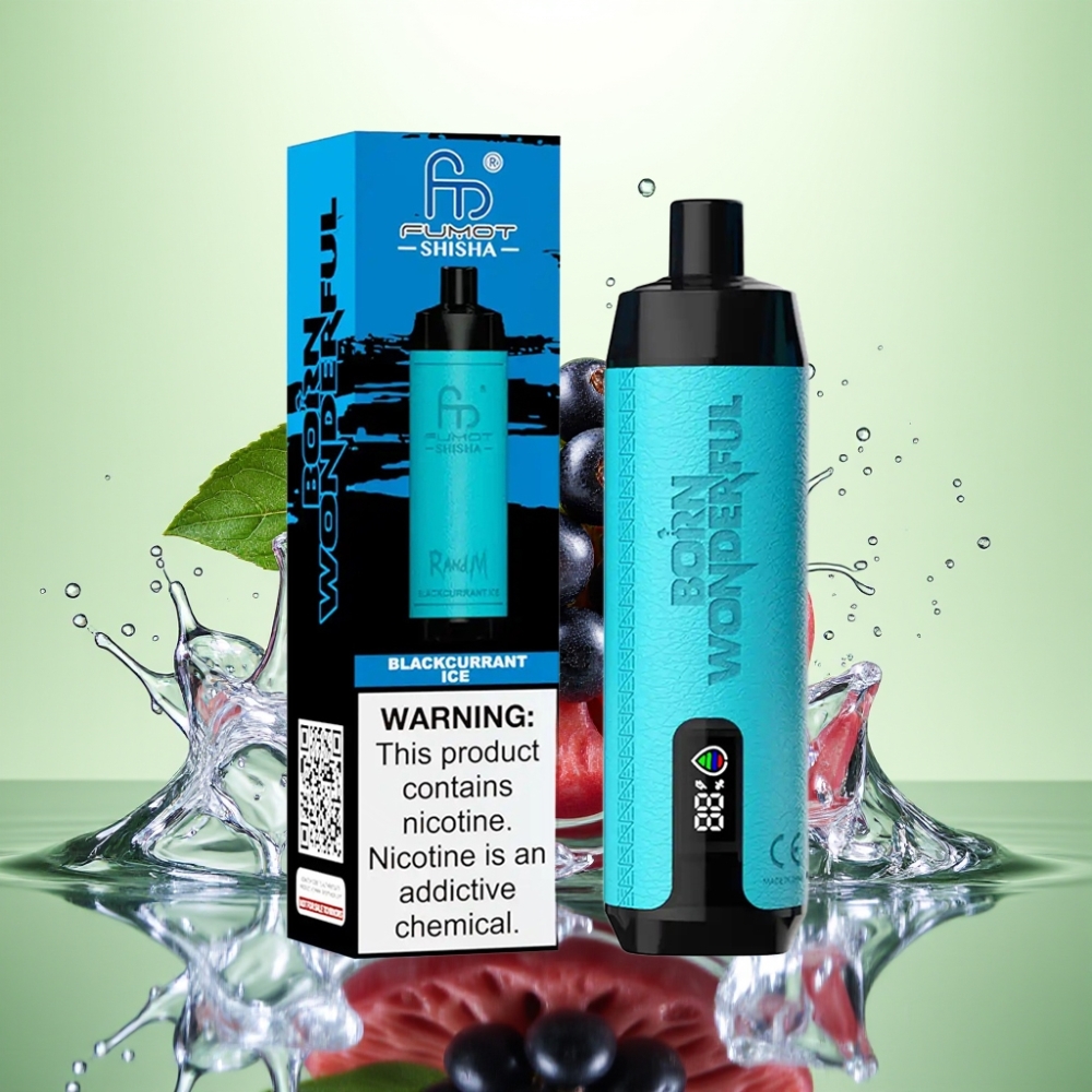 RandM Fumot Shisha 10000 Puff LED Göstergeli 850mAh Bataryalı Type-C Portlu 18ml Önceden Doldurulmuş Siyah Frenküzümü Buz Aromalı