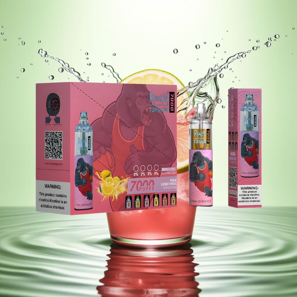 RandM Fumot Tornado 7000 Puf 14ML 850MAH Mesh Coil Type-C RGB Hava Ayarı Pembe Limonata