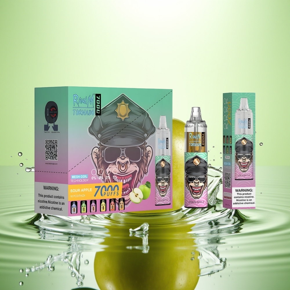 RandM Fumot Tornado 7000 Puff Disposable Vape Ekşi Elma 14ML 850MAH Mesh Coil Type-C RGB Air-Adjustable