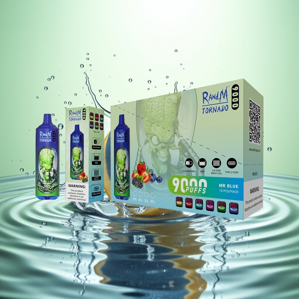RandM Fumot Tornado 9000 Puf Şarj Edilebilir 850 mAh 18 mL Mesh Coil RGB Ekran Bay Mavi
