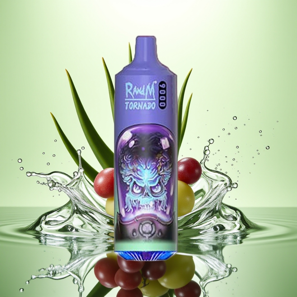 RandM Fumot Tornado 9000 Puffs Şarj Edilebilir 850 mAh 18 mL Mesh Coil RGB Ekran Aloe Üzüm