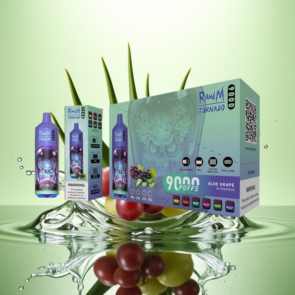 RandM Fumot Tornado 9000 Puffs Şarj Edilebilir 850 mAh 18 mL Mesh Coil RGB Ekran Aloe Üzüm