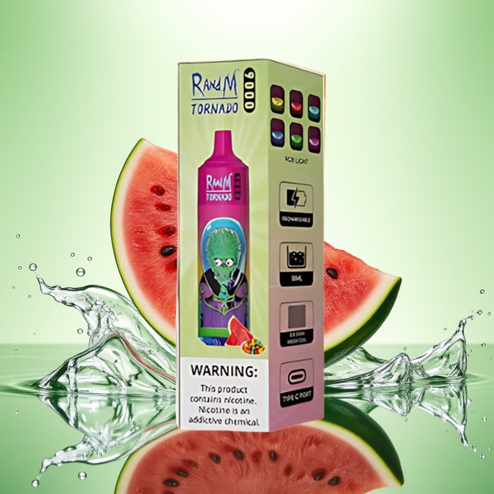 RandM Fumot Tornado 9000 Puffs Şarj Edilebilir 850 mAh 18 mL Mesh Coil RGB Ekran Karpuzlu Bubble Gum