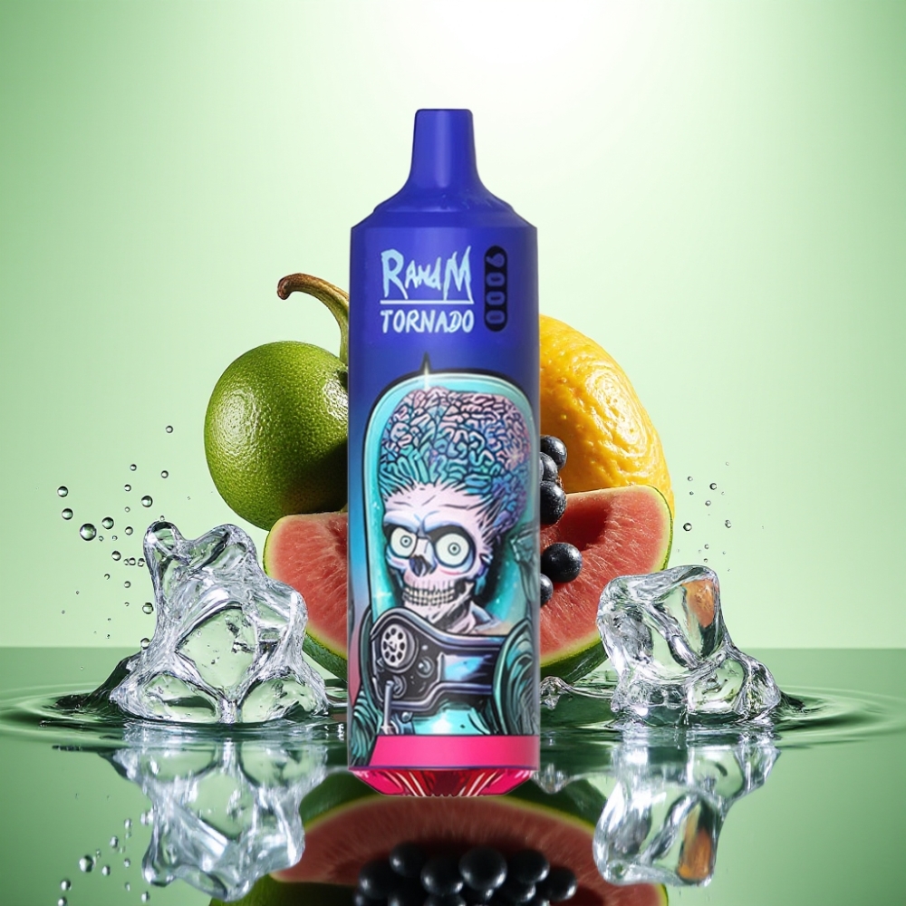 RandM Tornado 9000 Puf Şarj Edilebilir 850 mAh 18 mL Mesh Coil RGB Ekran Siyah Buz