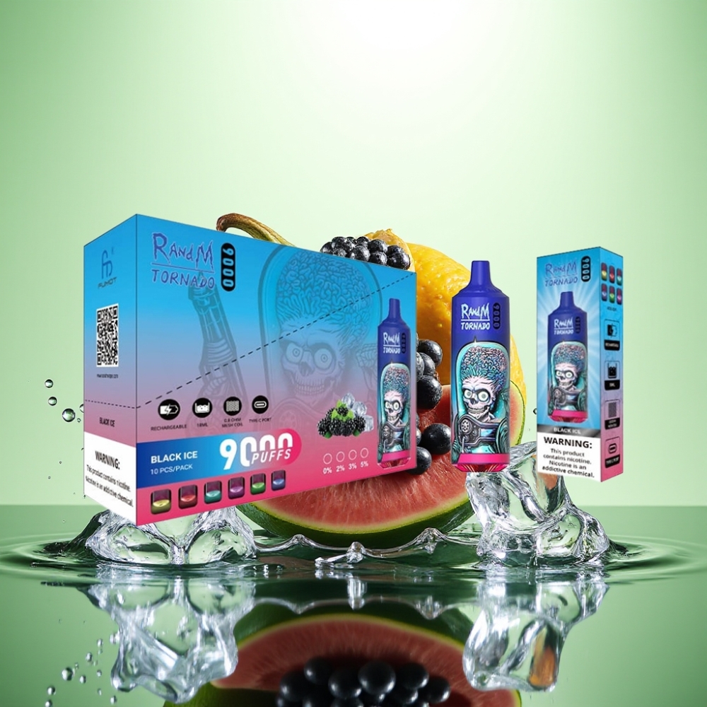 RandM Tornado 9000 Puf Şarj Edilebilir 850 mAh 18 mL Mesh Coil RGB Ekran Siyah Buz