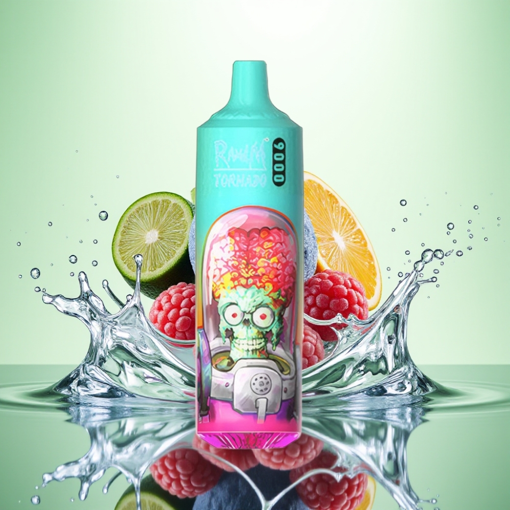 RandM Tornado 9000 Puff 850mAh Şarj Edilebilir 18mL Mesh Coil RGB Ekran Mavi Ekşi Ahududu