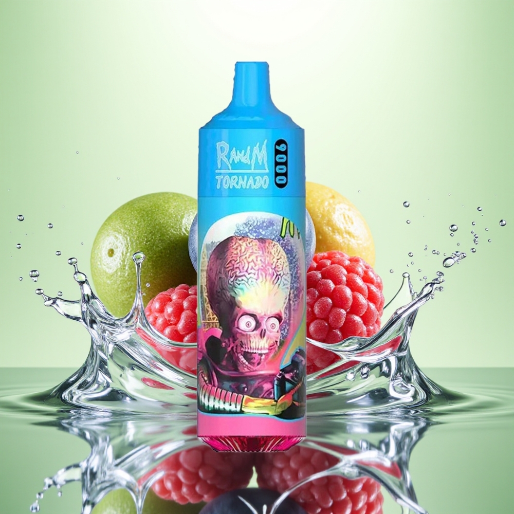 RandM Tornado 9000 Puff 850mAh Şarj Edilebilir 18mL RGB Ekran Mavi Ahududu Ekşi Ahududu Aromalı Mesh Coil