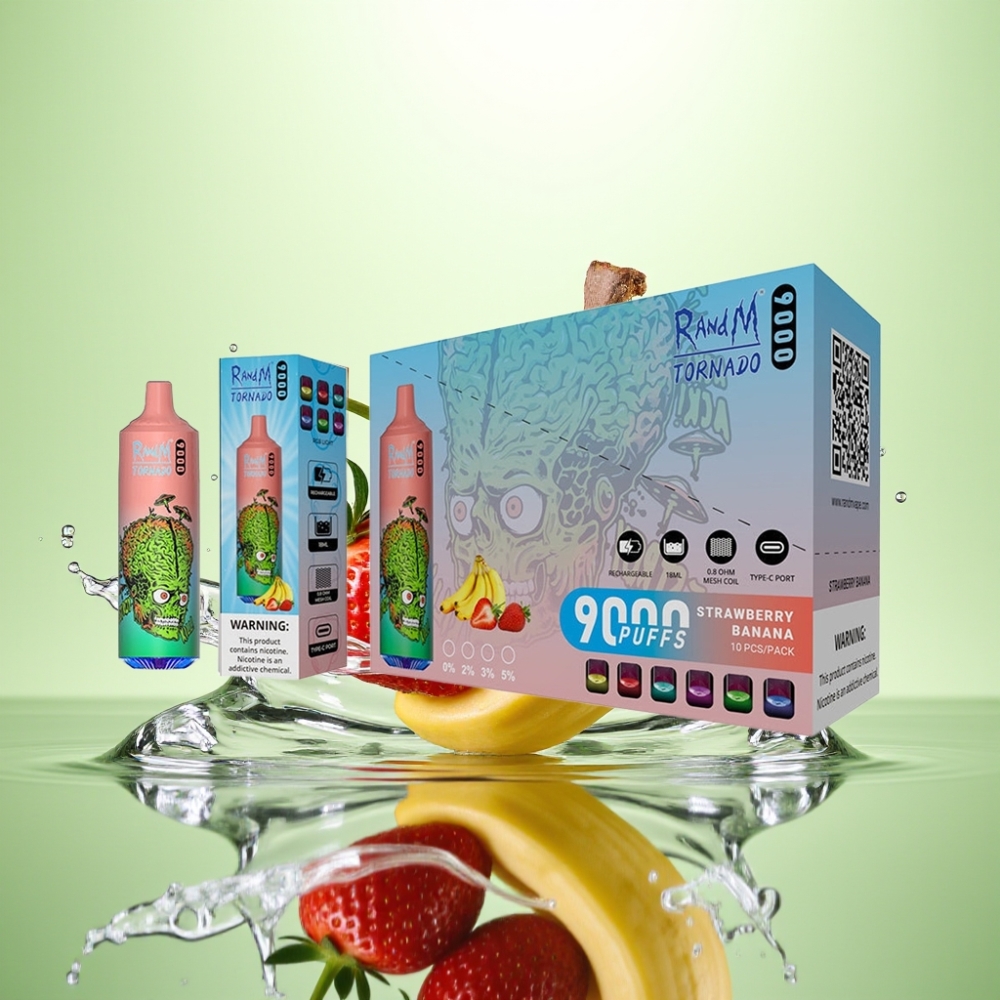 RandM Tornado 9000 Puff Şarj Edilebilir 850 mAh 18 mL Mesh Coil Çilek Muz